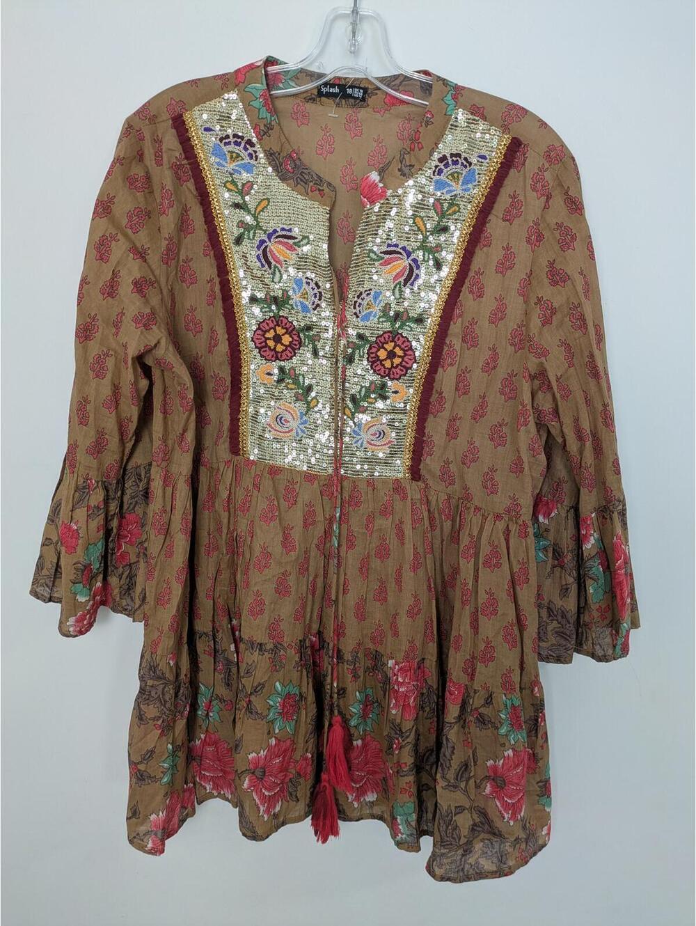 Splash Embellished Boho Mini Dress Tunic Top Size Large Floral Sequin